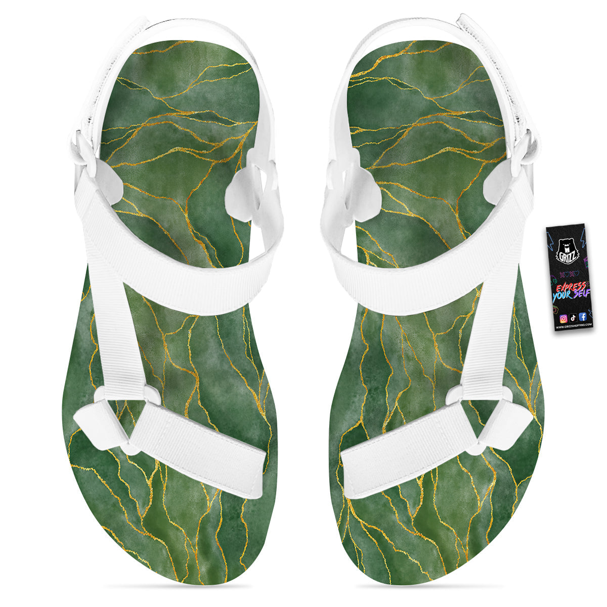 Green Golden Cracked Marble Print White Open Toe Sandals-grizzshop