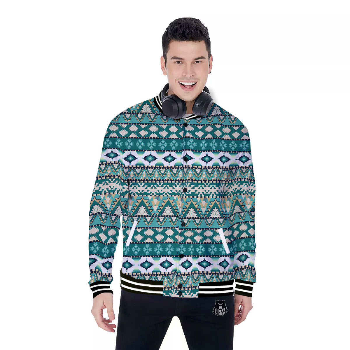 Green Indian Tribal Native Print Pattern Baseball Jacket-grizzshop
