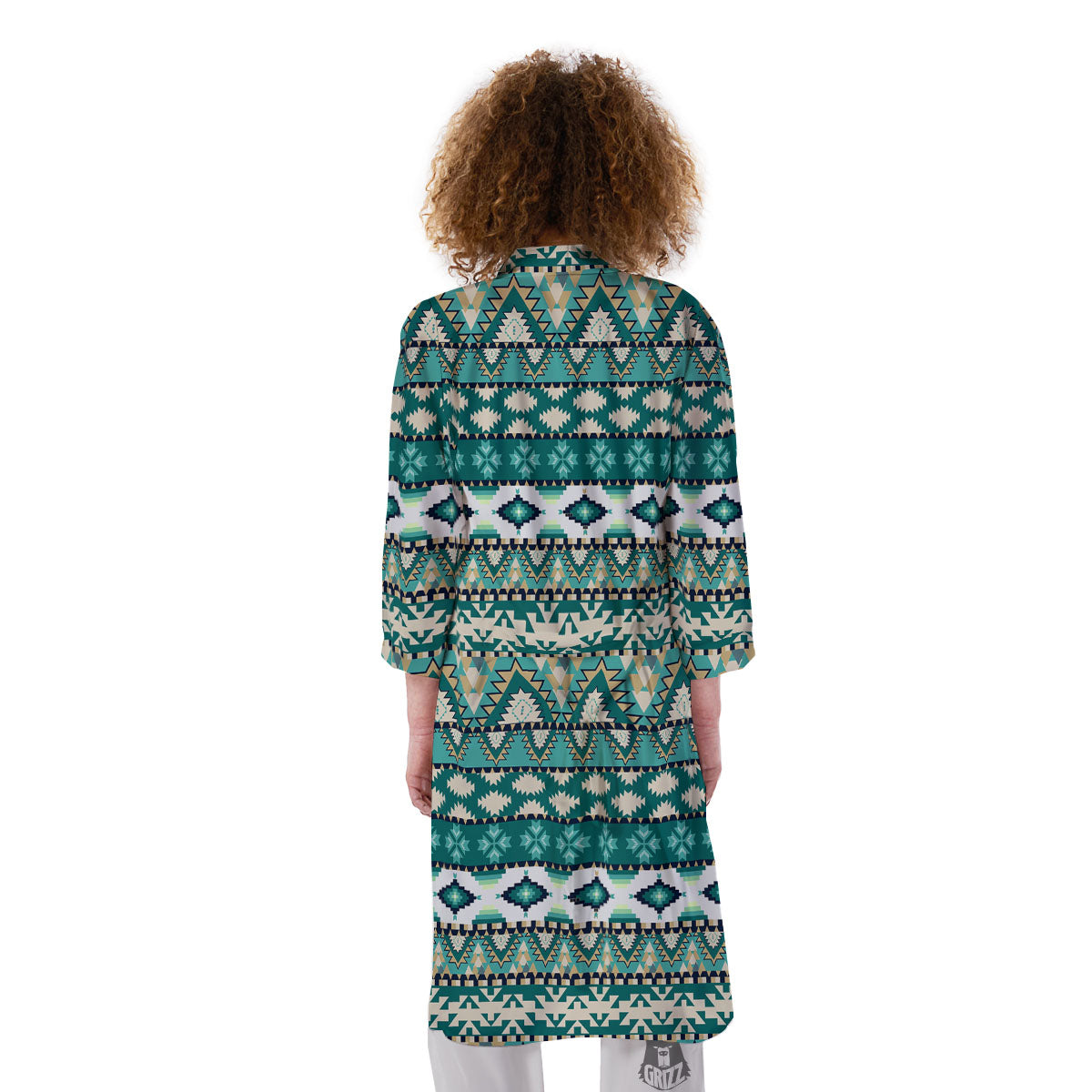 Green Indian Tribal Native Print Pattern Kimono-grizzshop