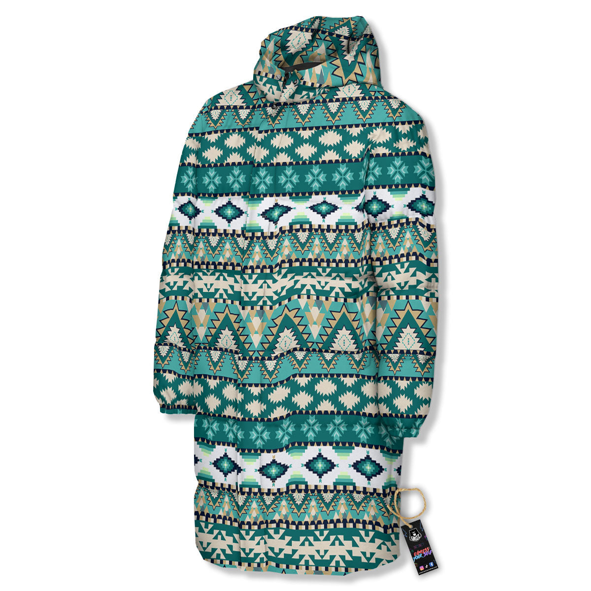 Green Indian Tribal Native Print Pattern Long Down Jacket-grizzshop