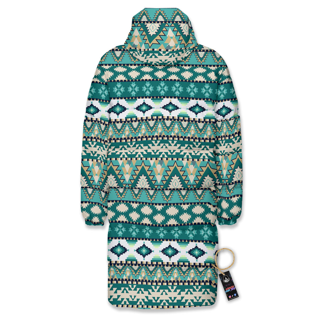 Green Indian Tribal Native Print Pattern Long Down Jacket-grizzshop