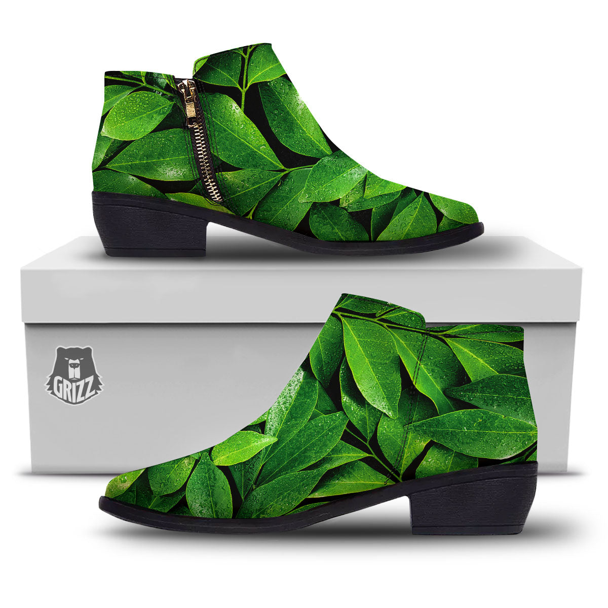 Green Leaf Print Ankle Boots-grizzshop