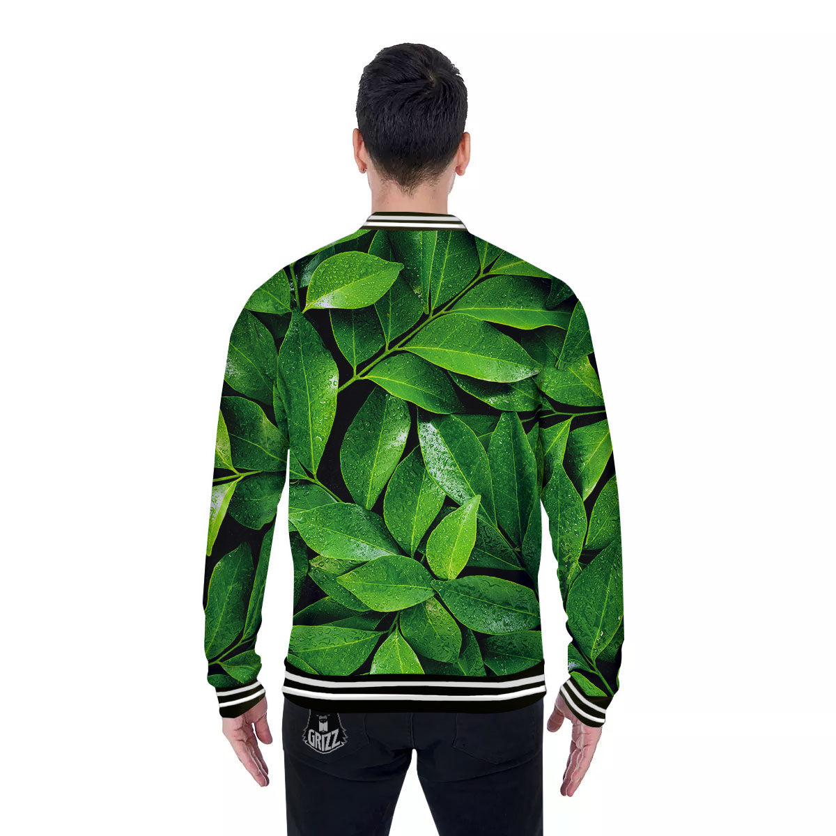 Green Leaf Print Baseball Jacket-grizzshop