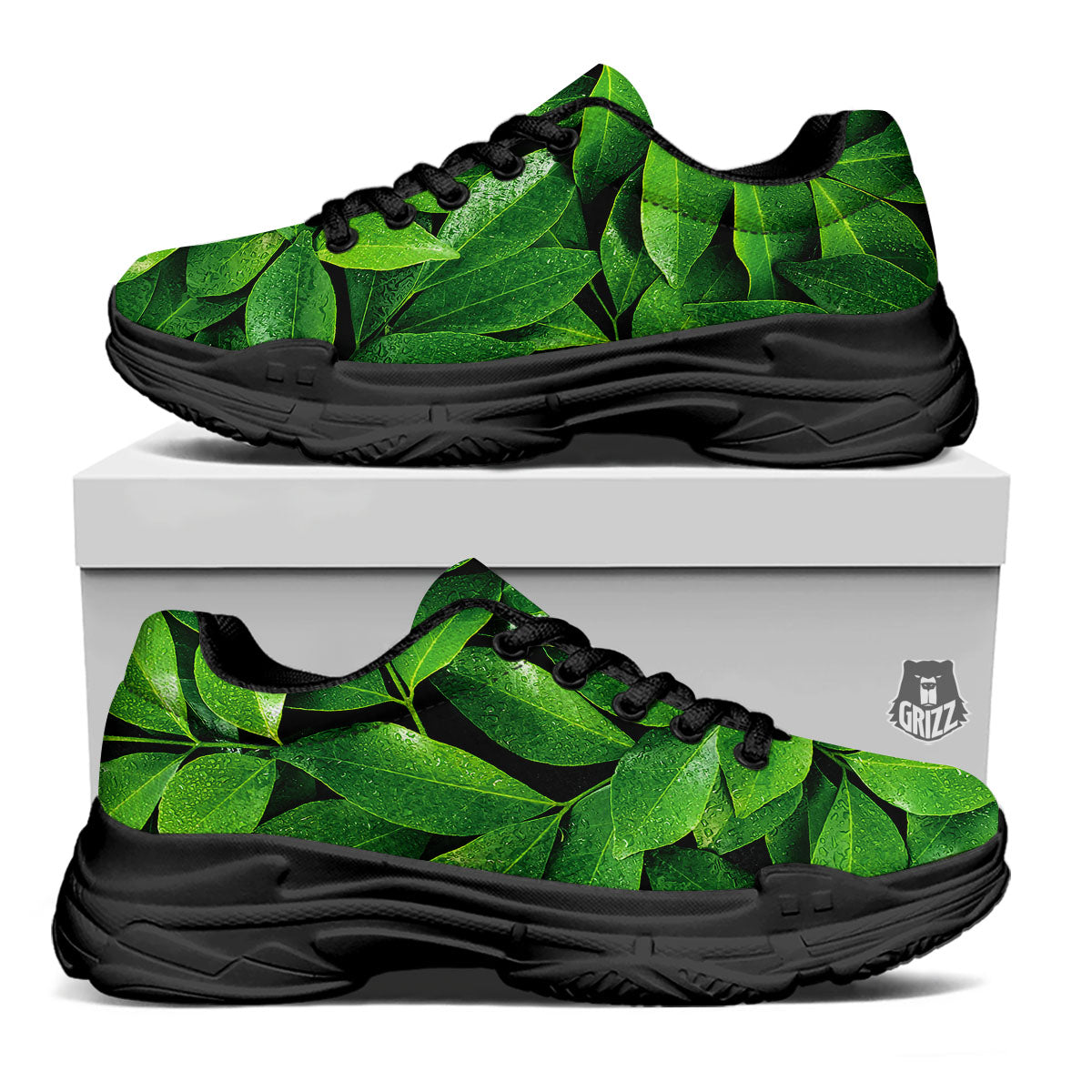 Green Leaf Print Black Chunky Shoes-grizzshop