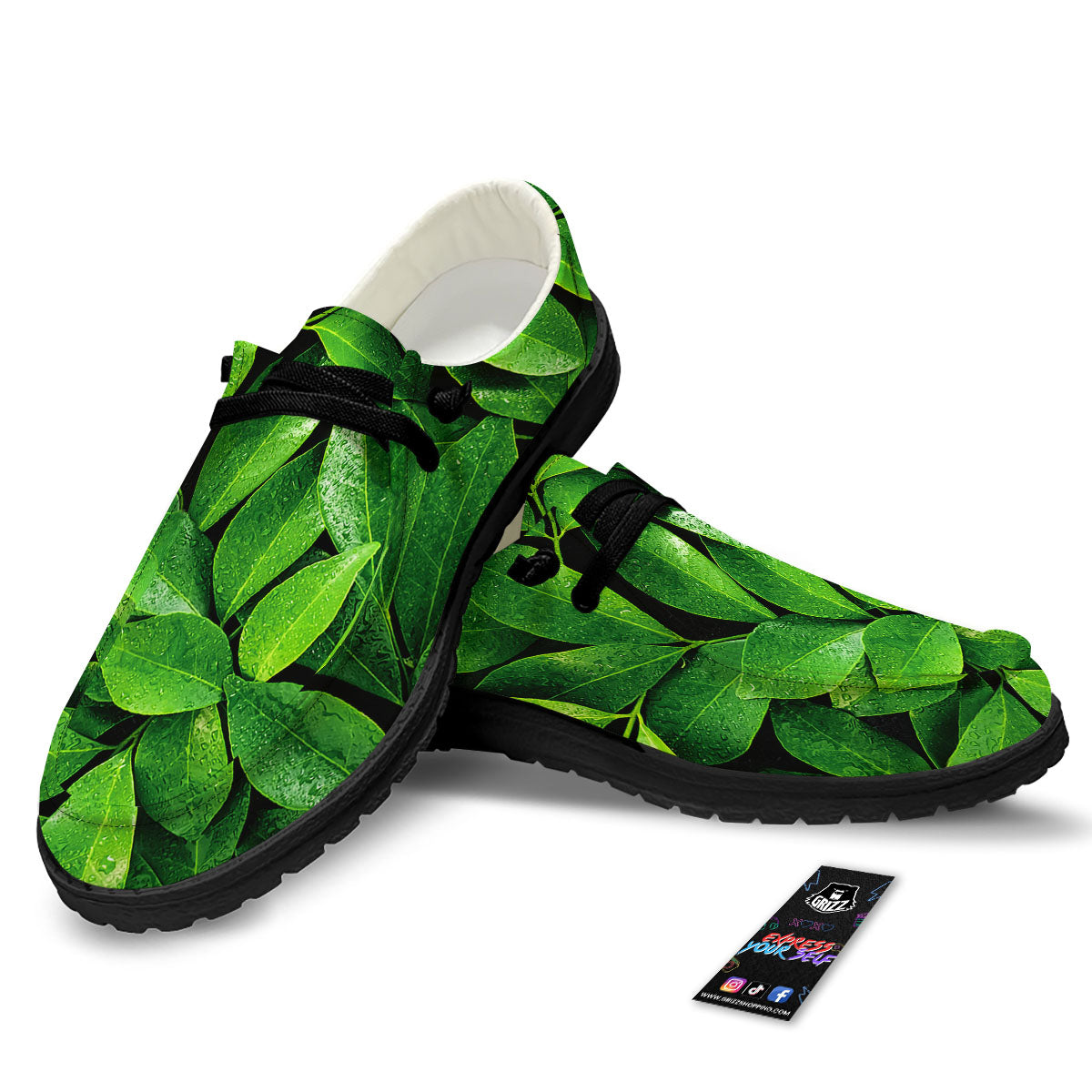Green Leaf Print Black Loafers-grizzshop