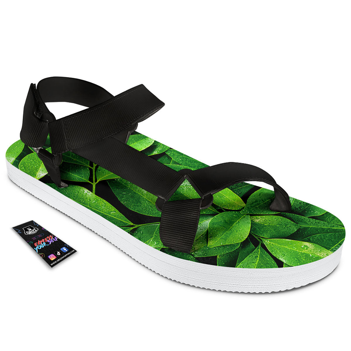 Green Leaf Print Black Open Toe Sandals-grizzshop