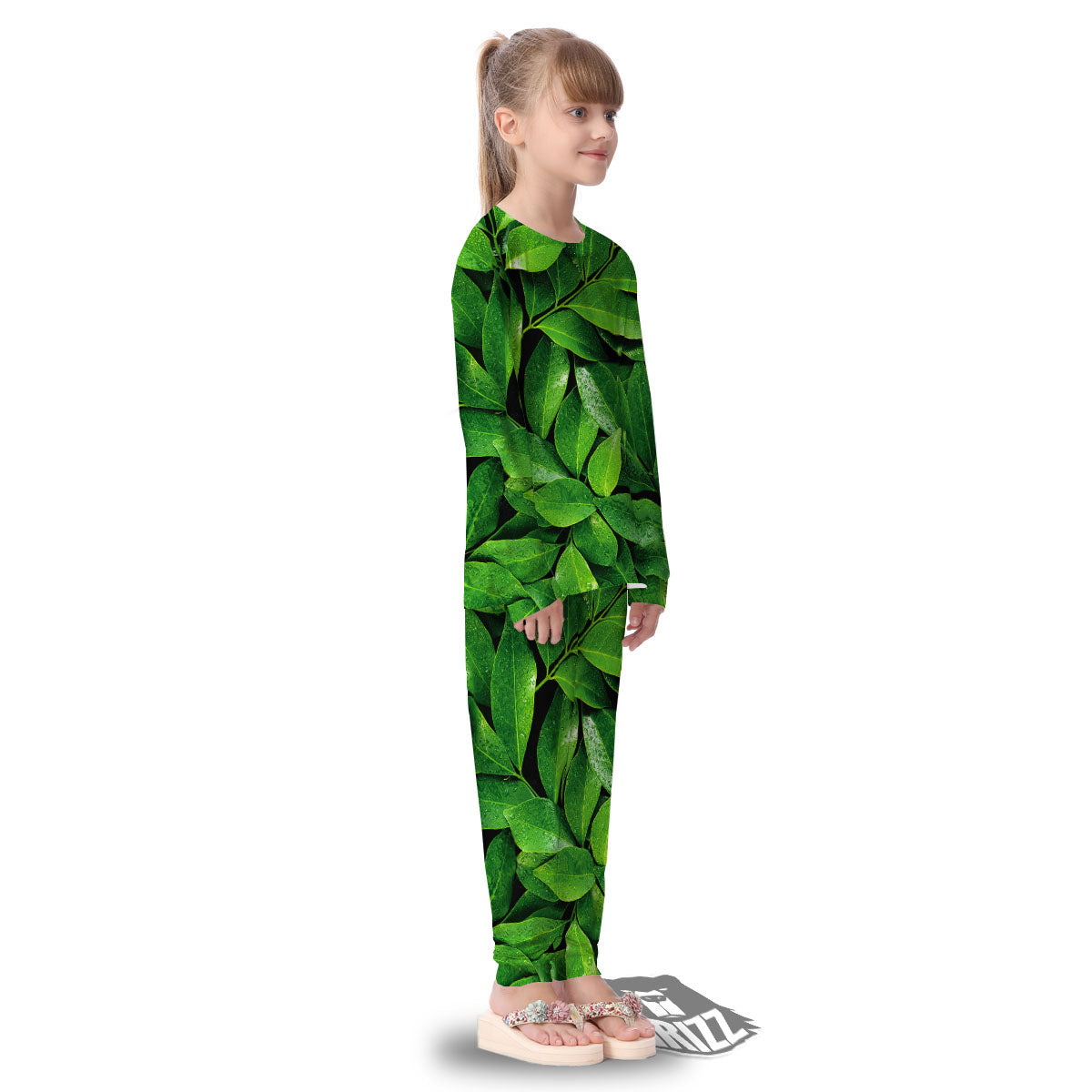 Green Leaf Print Kid's Pajamas-grizzshop