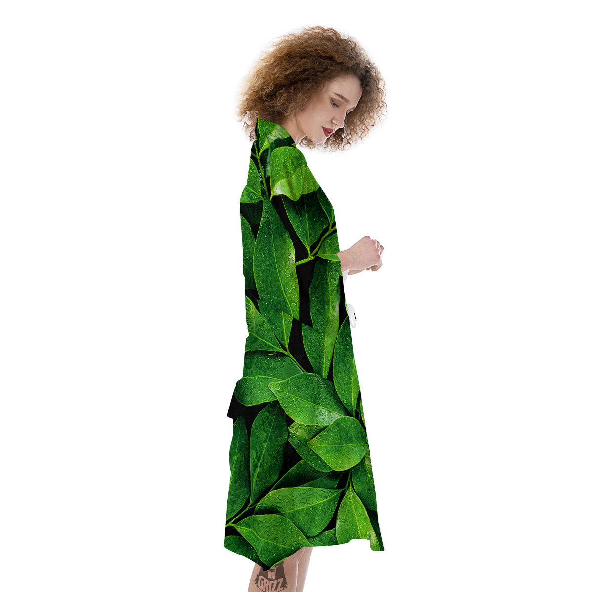 Green Leaf Print Kimono-grizzshop