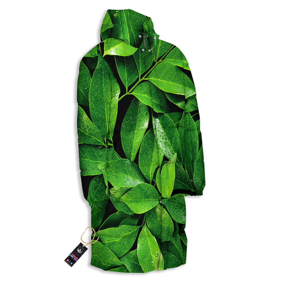 Green Leaf Print Long Down Jacket-grizzshop