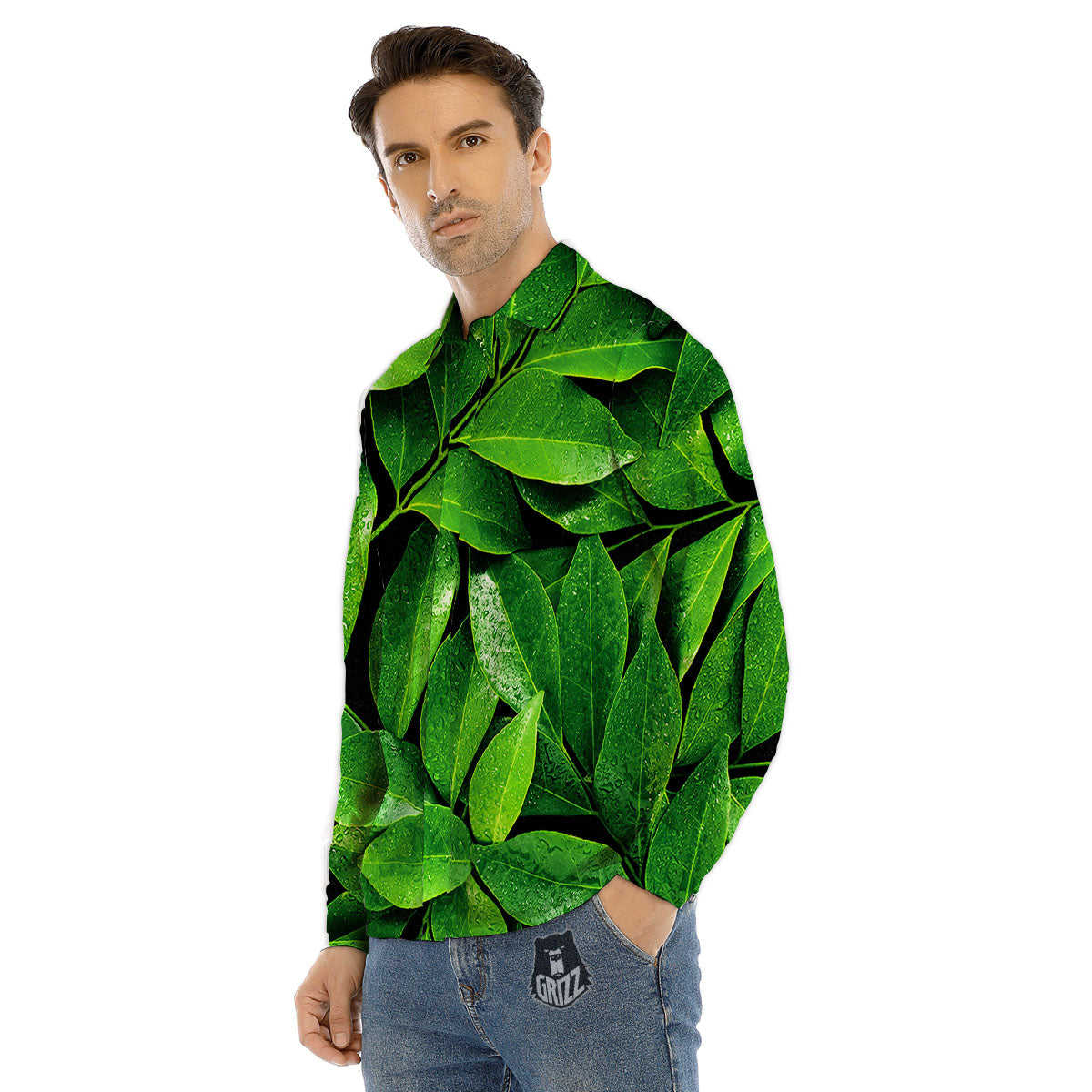 Green Leaf Print Men's Dress Shirts-grizzshop