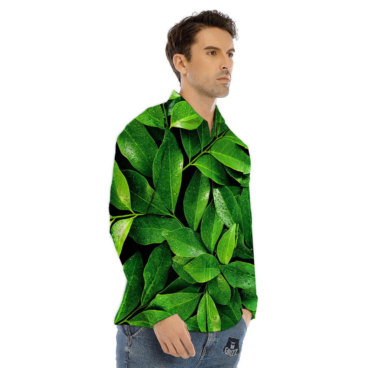 Green Leaf Print Men's Dress Shirts-grizzshop