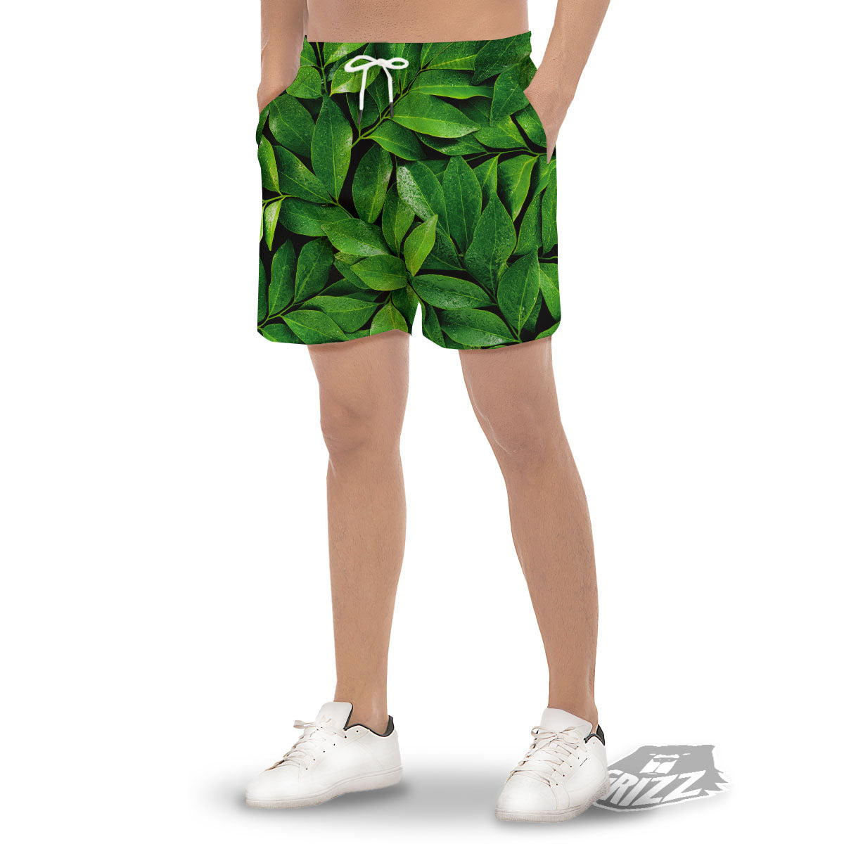 Green Leaf Print Men's Gym Shorts-grizzshop