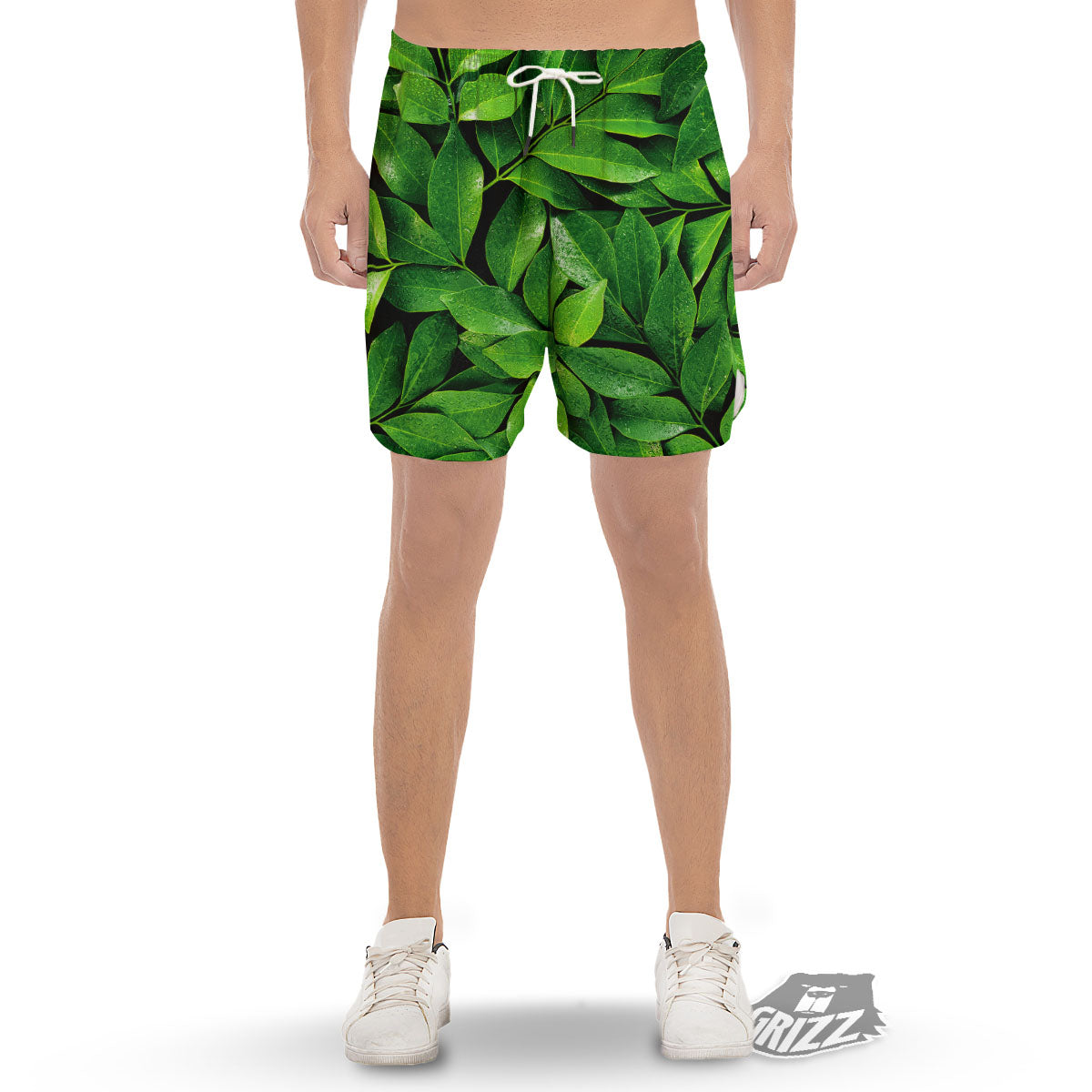 Green Leaf Print Men's Gym Shorts-grizzshop