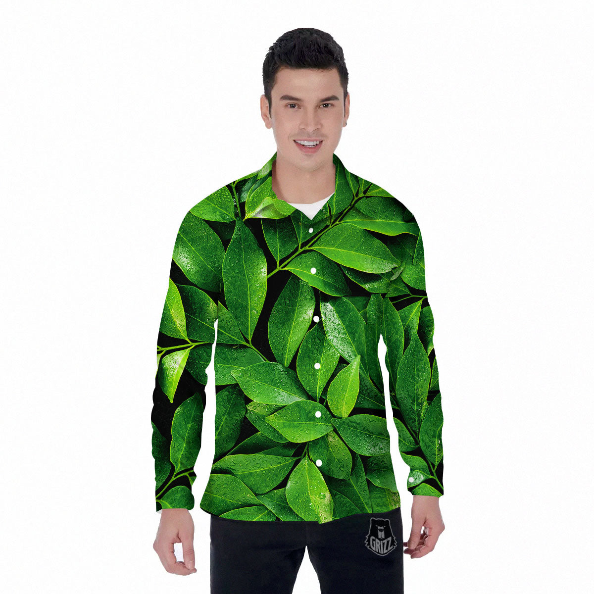 Green Leaf Print Men's Long Sleeve Shirts-grizzshop