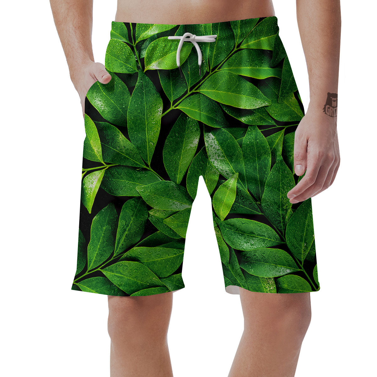 Green Leaf Print Men's Shorts-grizzshop