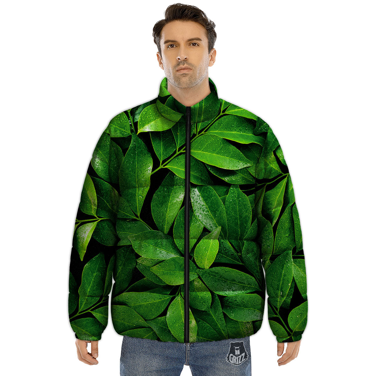 Green Leaf Print Puffer Jacket-grizzshop