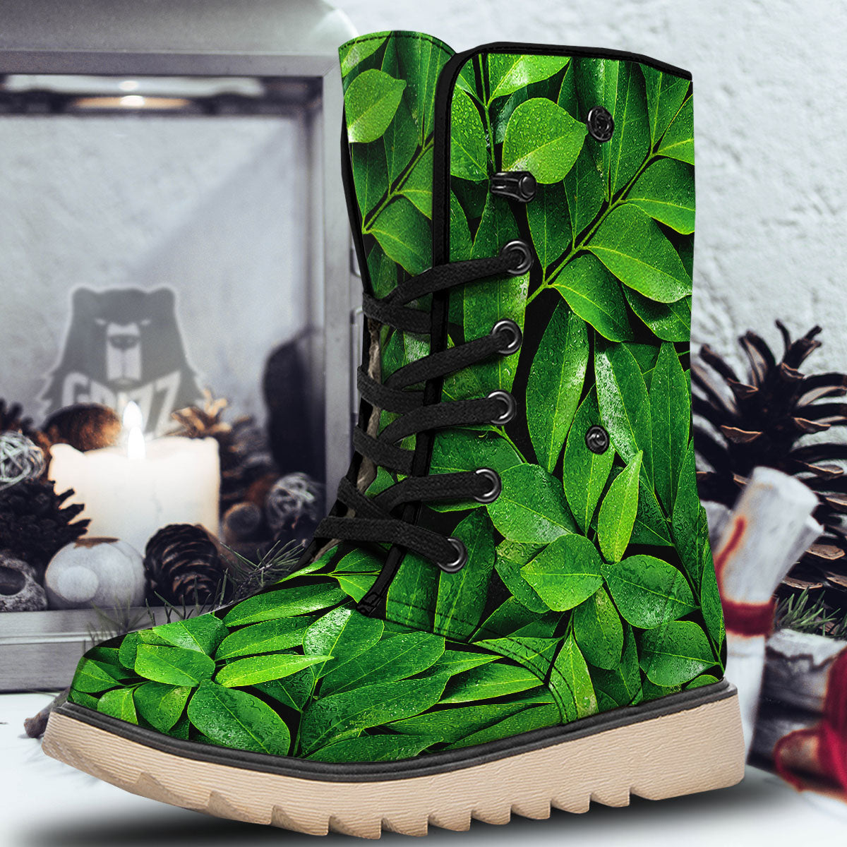 Green Leaf Print Snow Boots-grizzshop