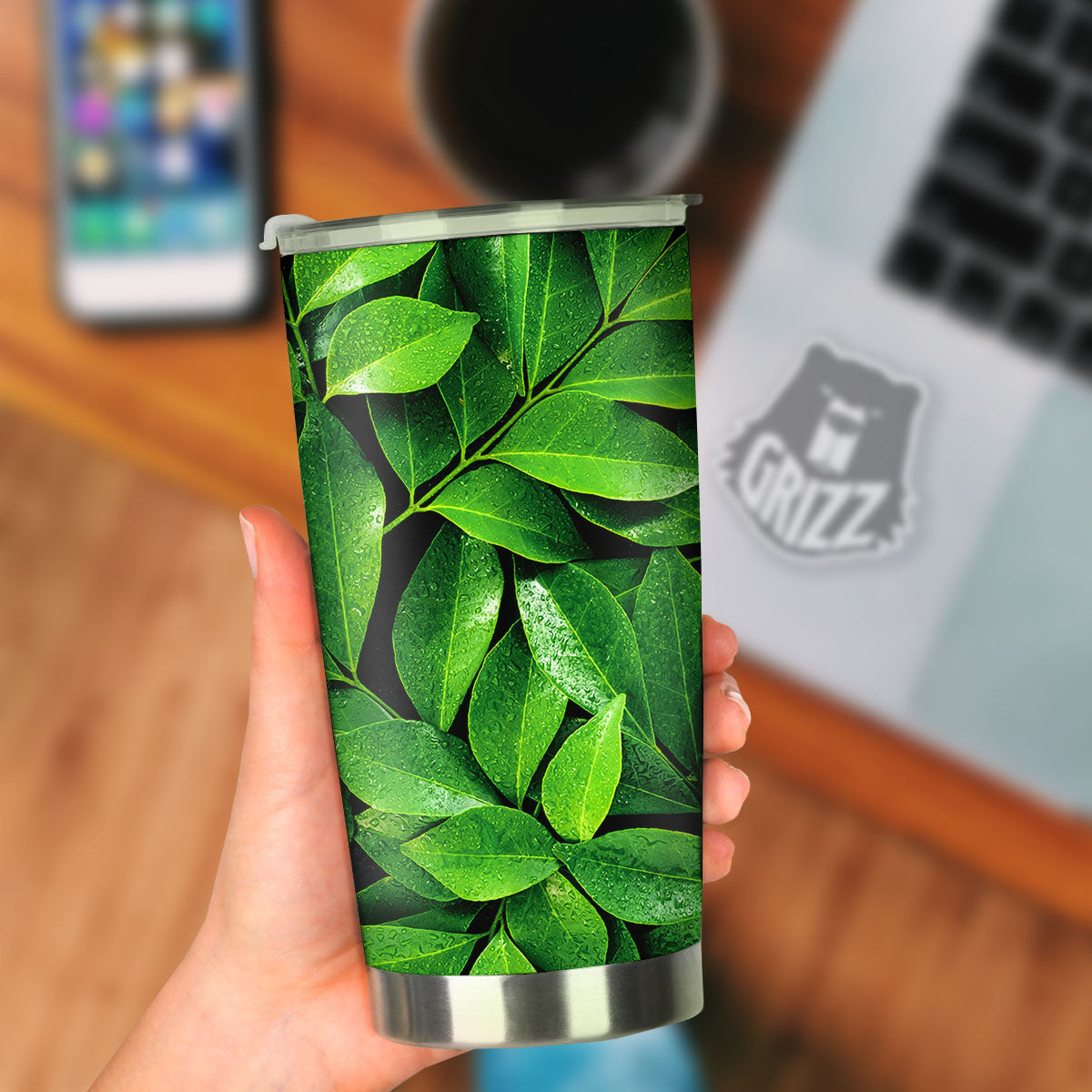 Green Leaf Print Tumbler-grizzshop