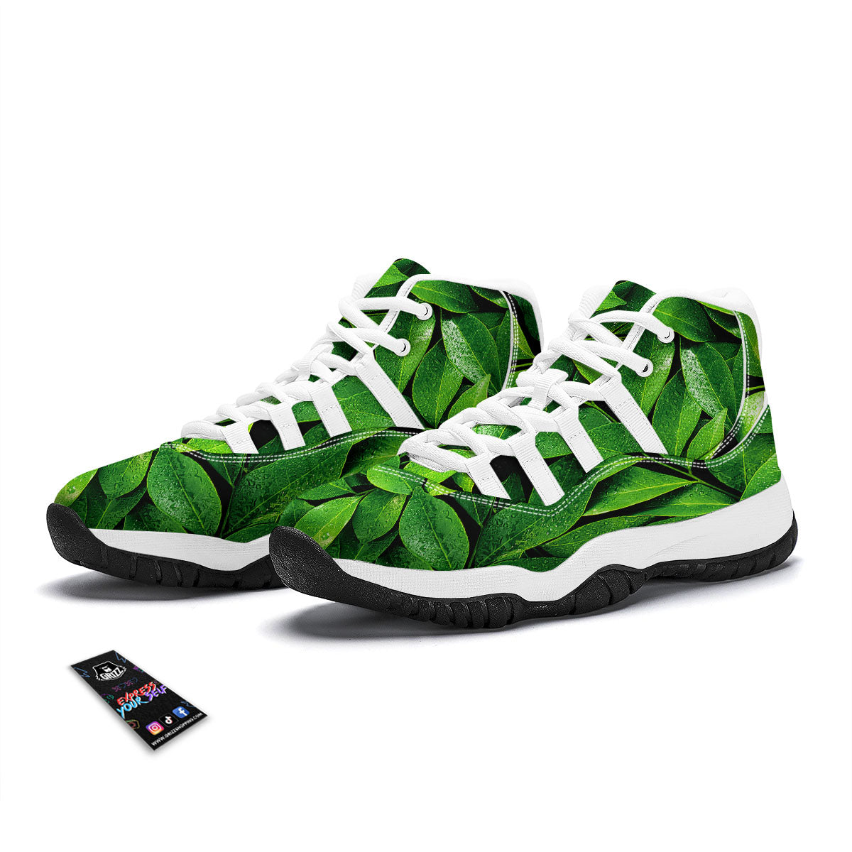 Green Leaf Print White Bball Shoes-grizzshop