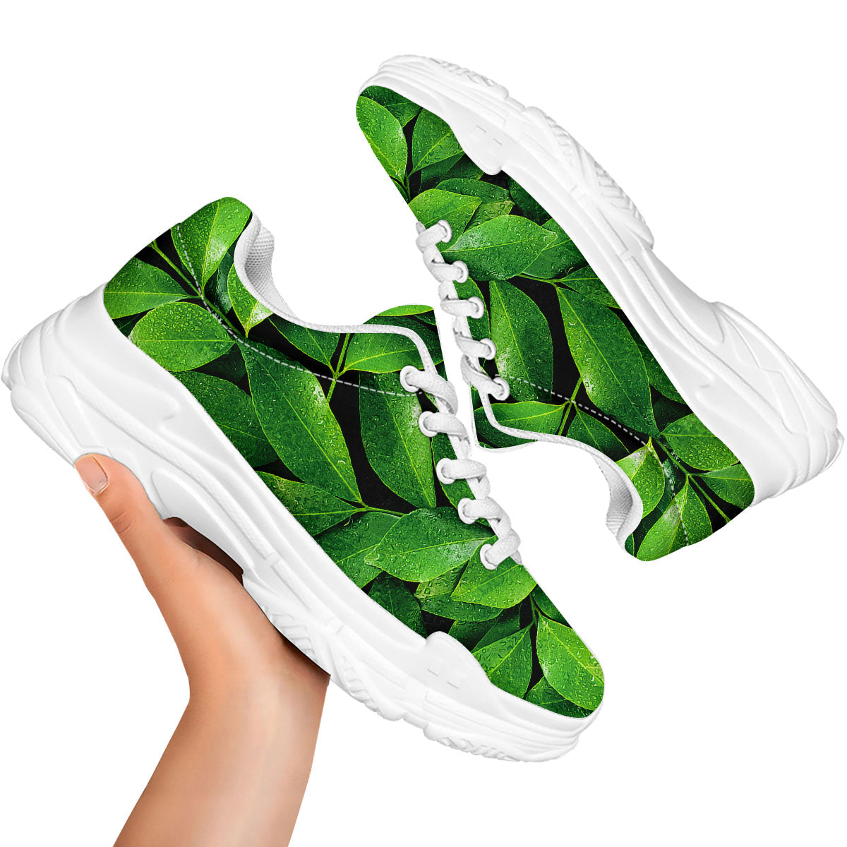 Green Leaf Print White Chunky Shoes-grizzshop