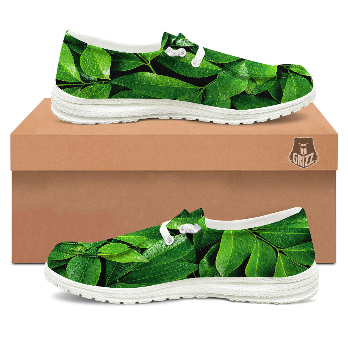 Green Leaf Print White Loafers-grizzshop