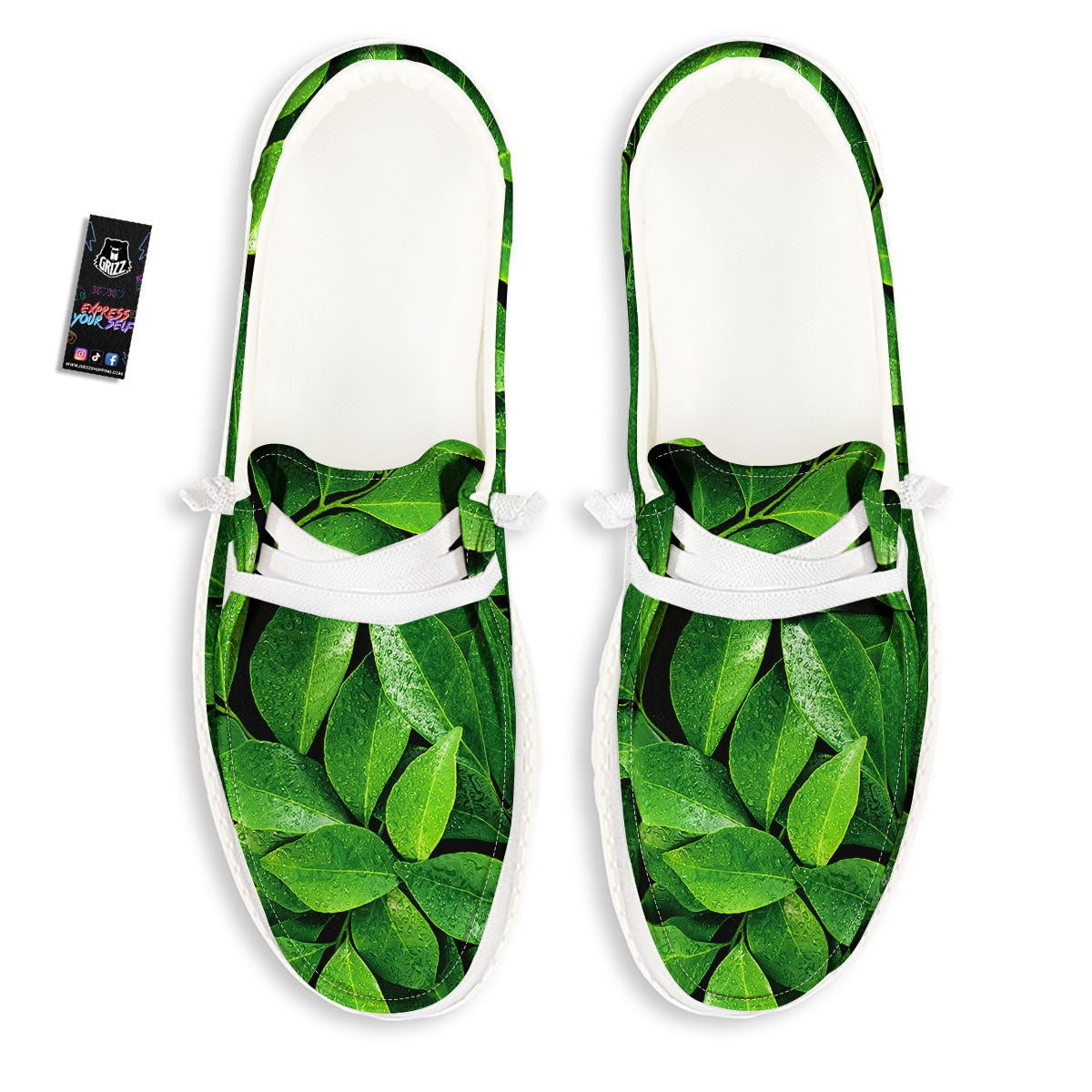Green Leaf Print White Loafers-grizzshop