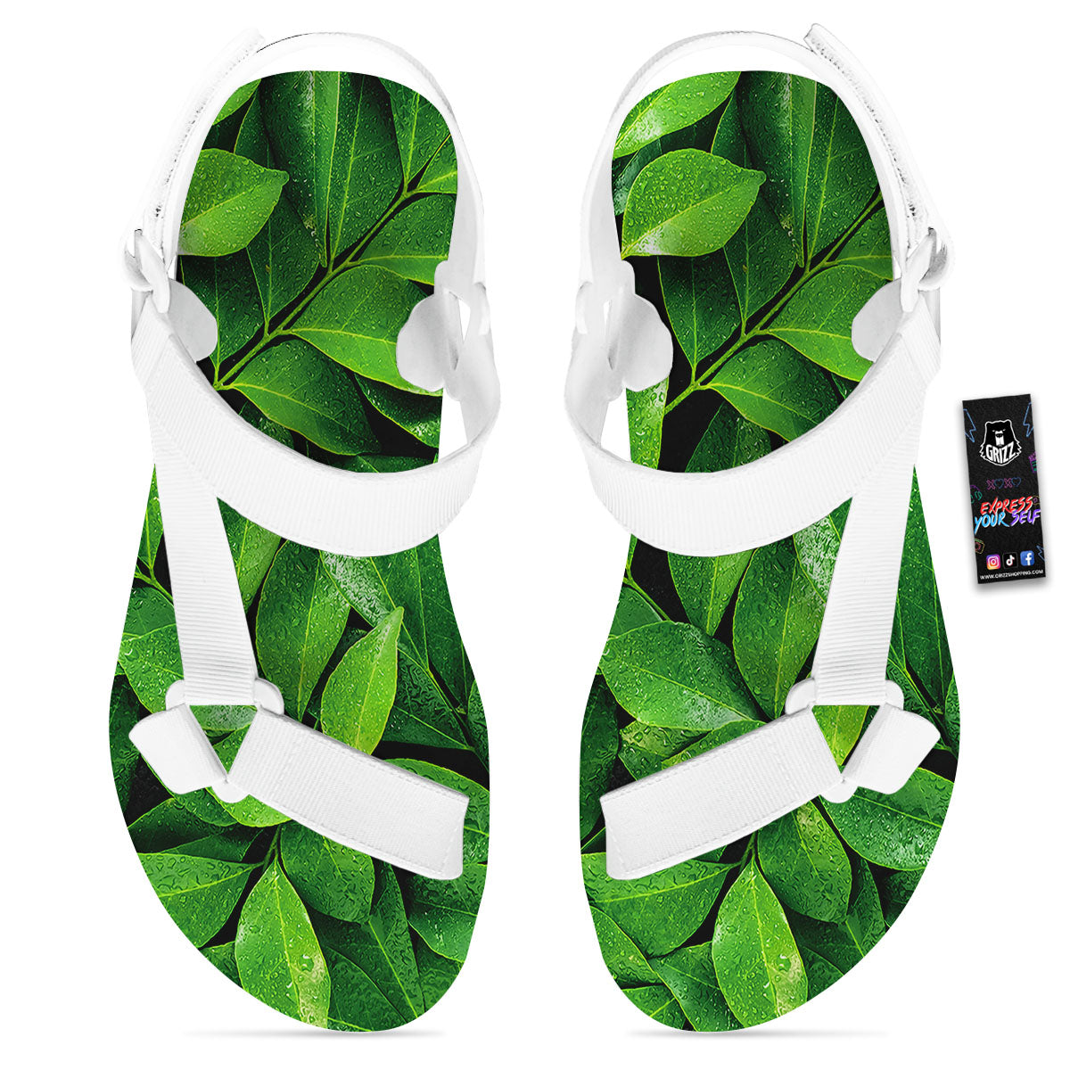 Green Leaf Print White Open Toe Sandals-grizzshop