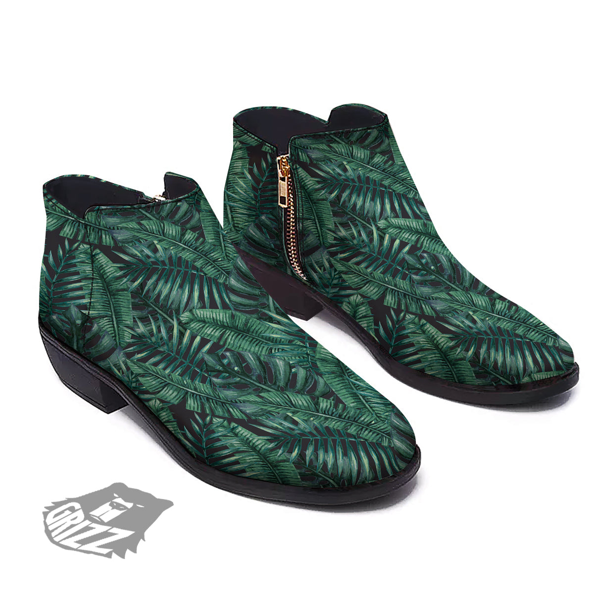 Green Leaf Tropical Print Pattern Ankle Boots-grizzshop