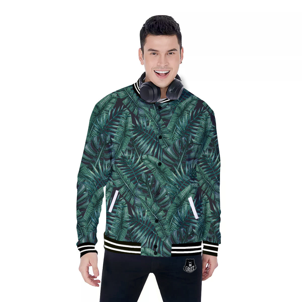 Green Leaf Tropical Print Pattern Baseball Jacket-grizzshop