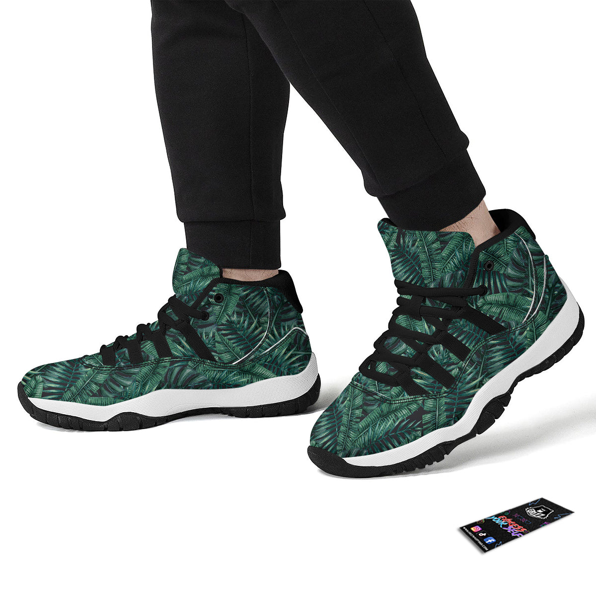 Green Leaf Tropical Print Pattern Black Bball Shoes-grizzshop
