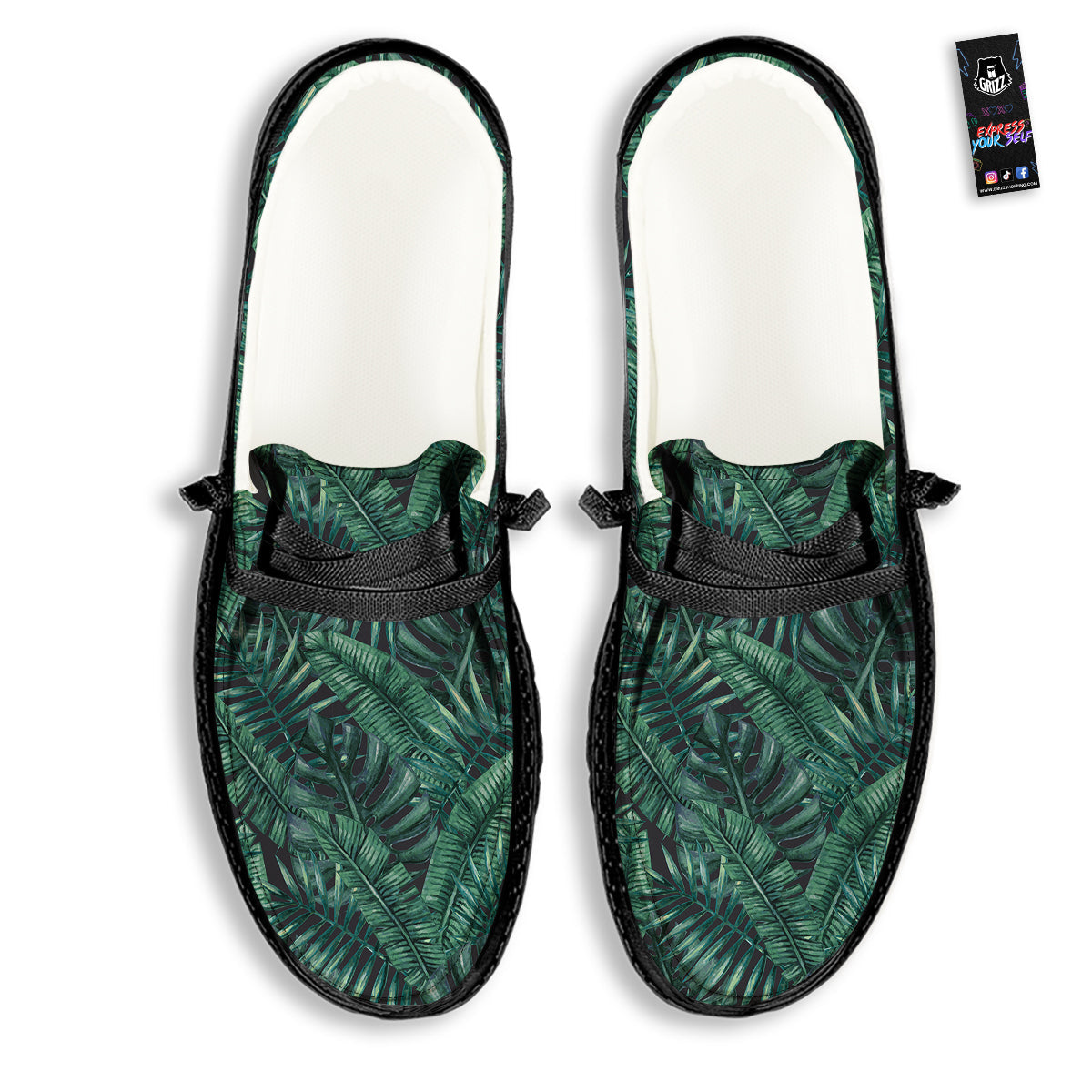 Green Leaf Tropical Print Pattern Black Loafers-grizzshop