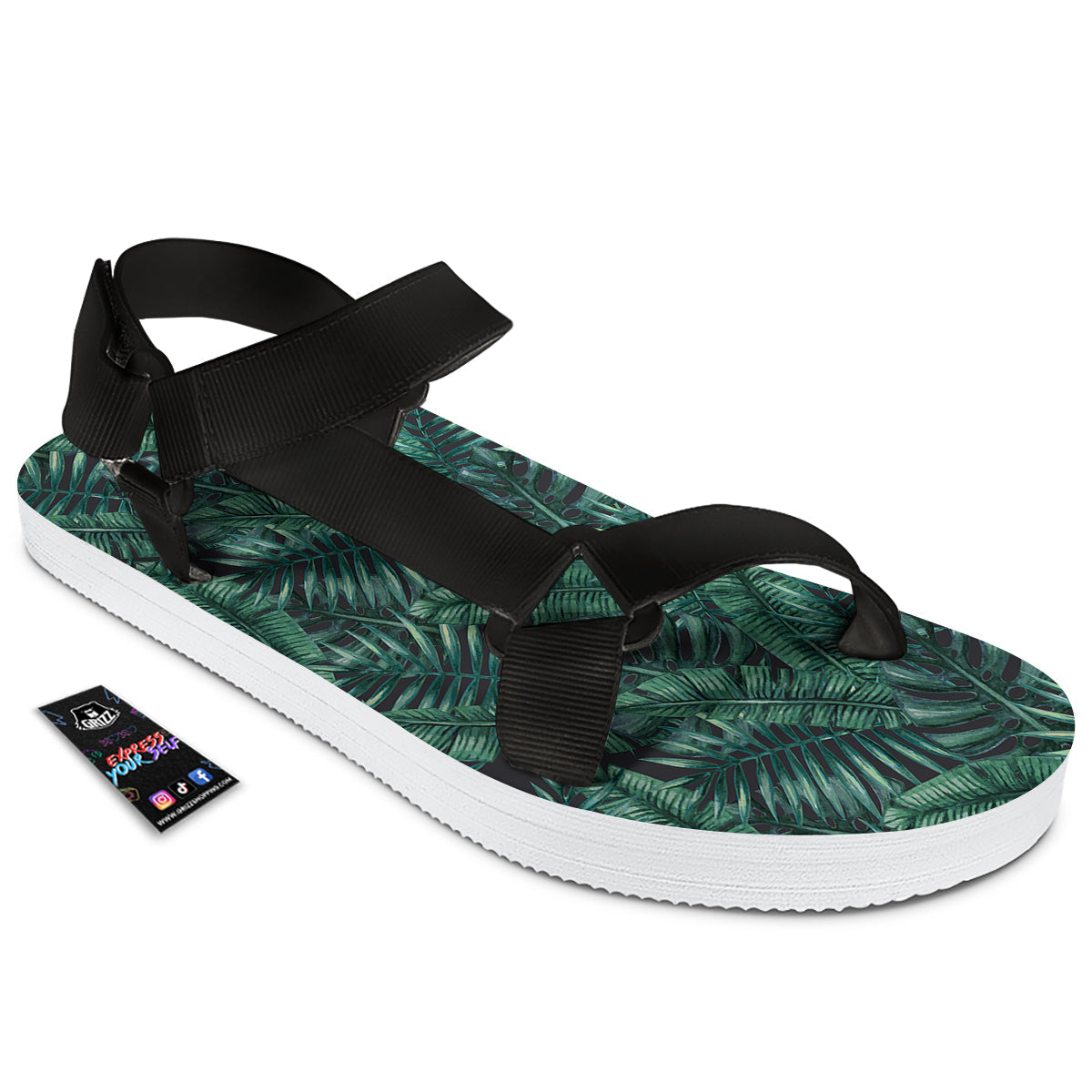 Green Leaf Tropical Print Pattern Black Open Toe Sandals-grizzshop