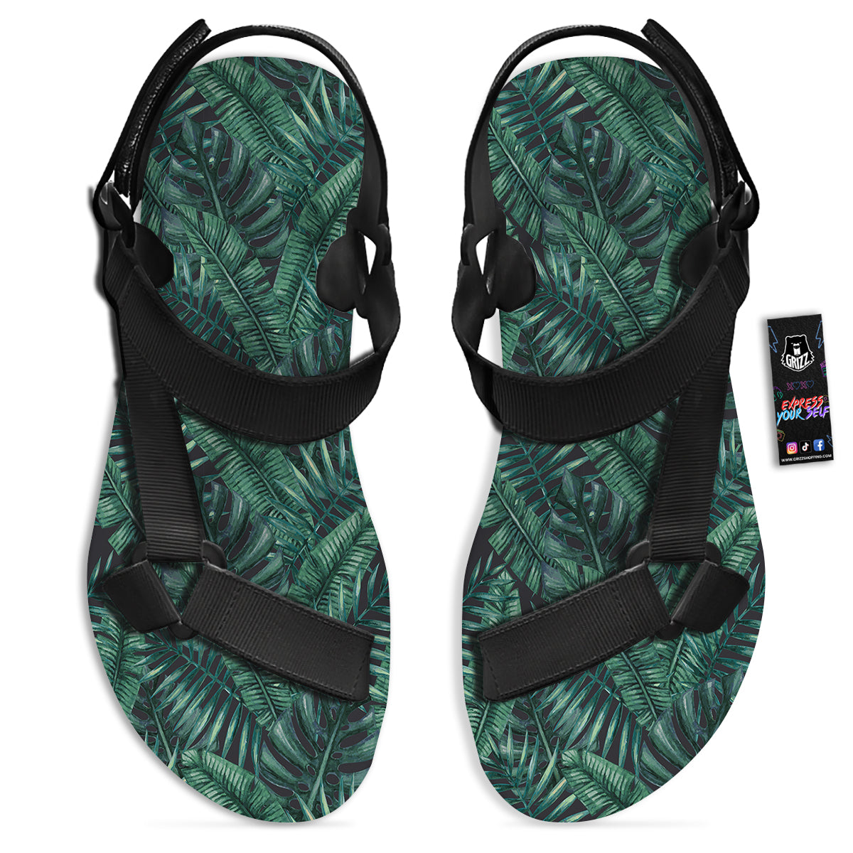 Green Leaf Tropical Print Pattern Black Open Toe Sandals-grizzshop
