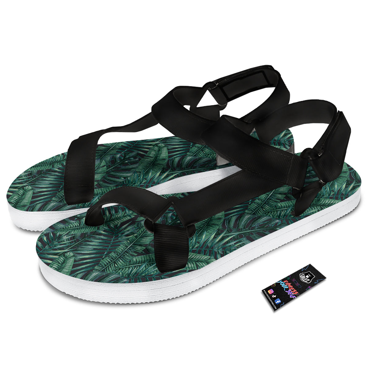 Green Leaf Tropical Print Pattern Black Open Toe Sandals-grizzshop