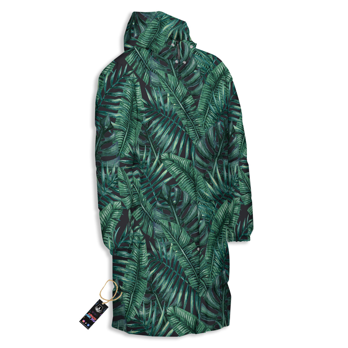 Green Leaf Tropical Print Pattern Long Down Jacket-grizzshop