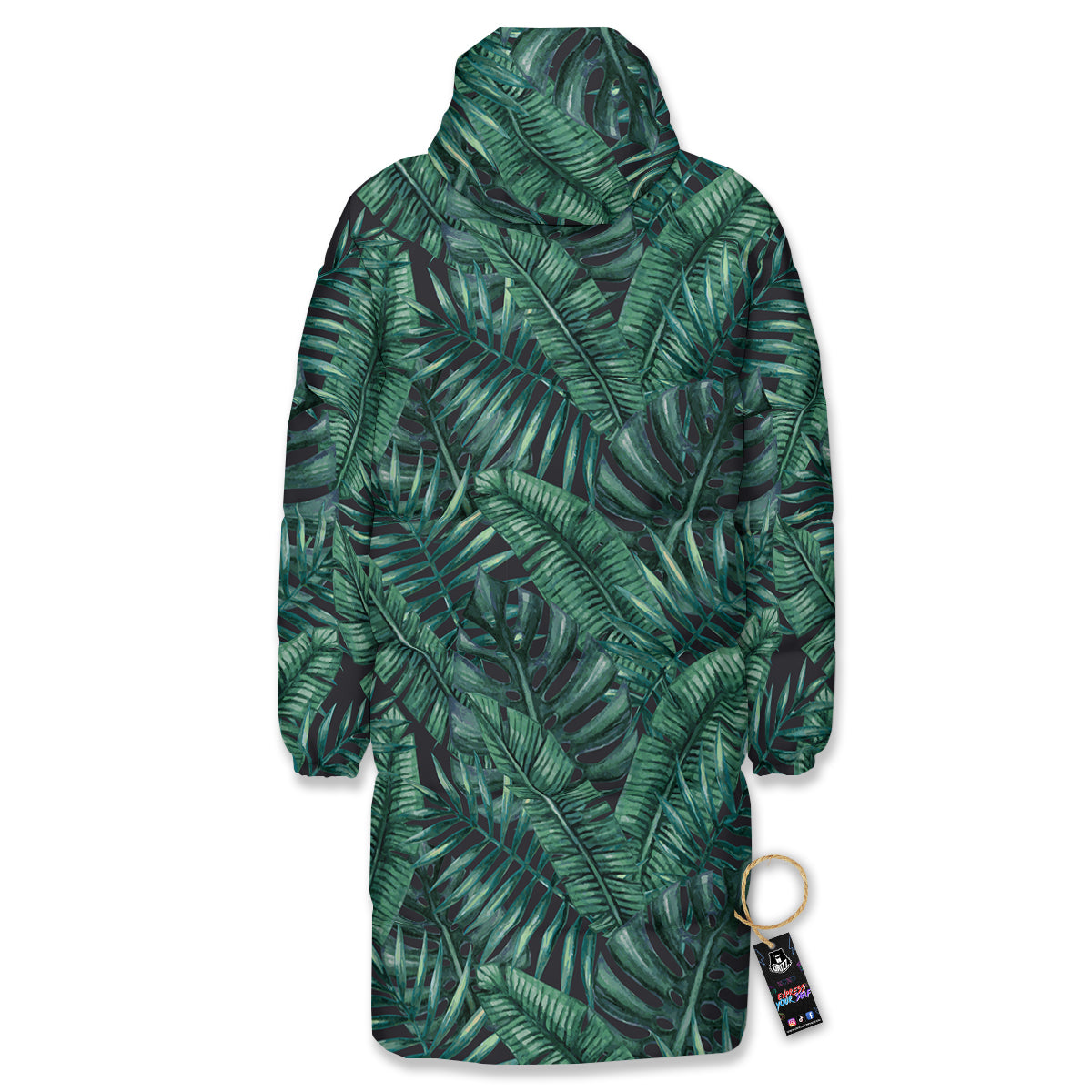 Green Leaf Tropical Print Pattern Long Down Jacket-grizzshop