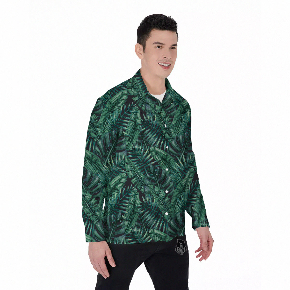 Green Leaf Tropical Print Pattern Men's Long Sleeve Shirts-grizzshop