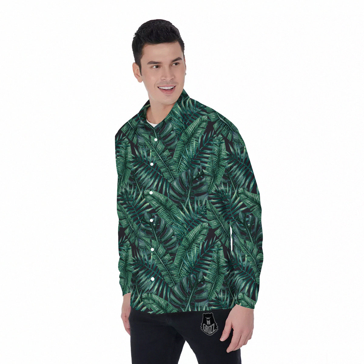 Green Leaf Tropical Print Pattern Men's Long Sleeve Shirts-grizzshop