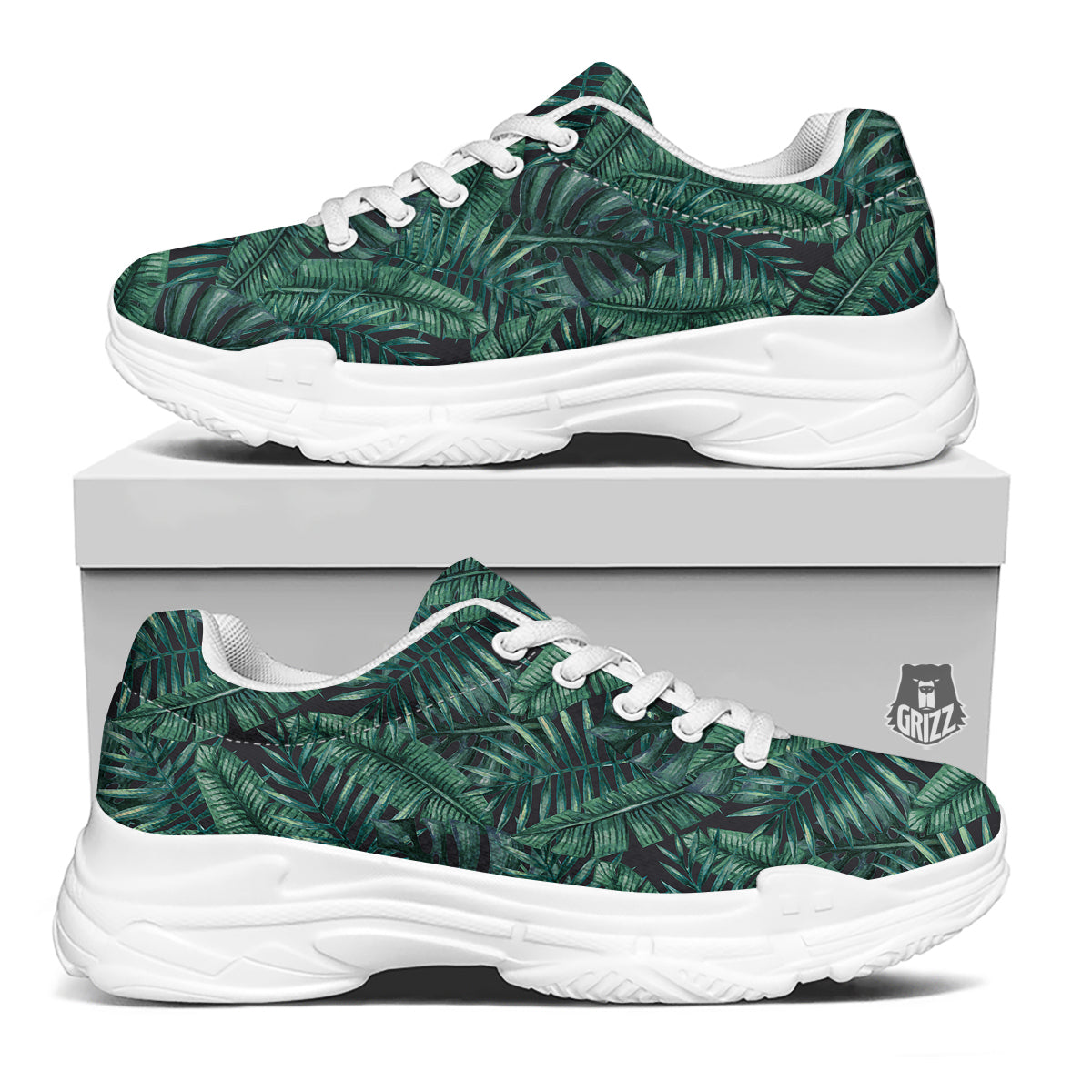 Green Leaf Tropical Print Pattern White Chunky Shoes-grizzshop