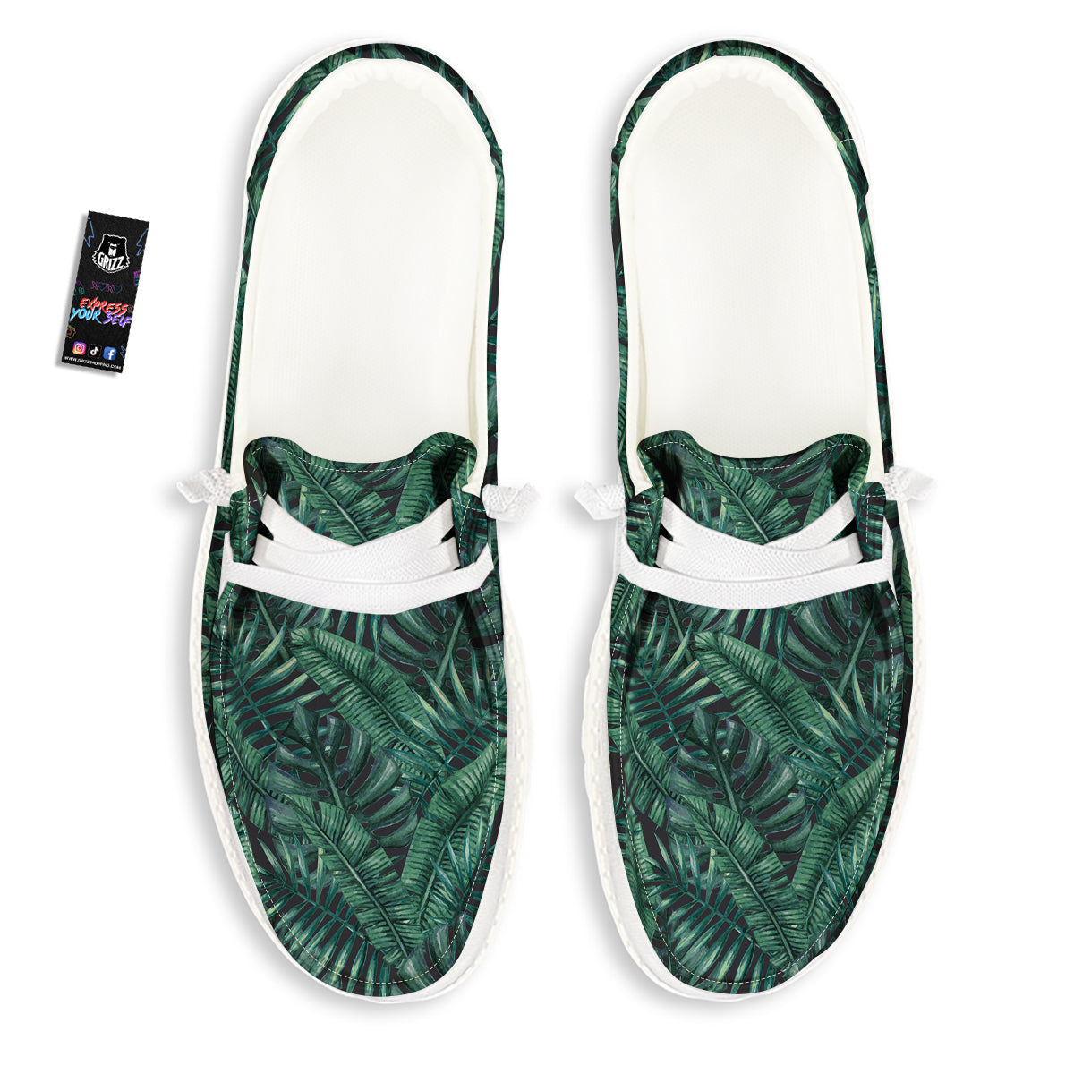 Green Leaf Tropical Print Pattern White Loafers-grizzshop