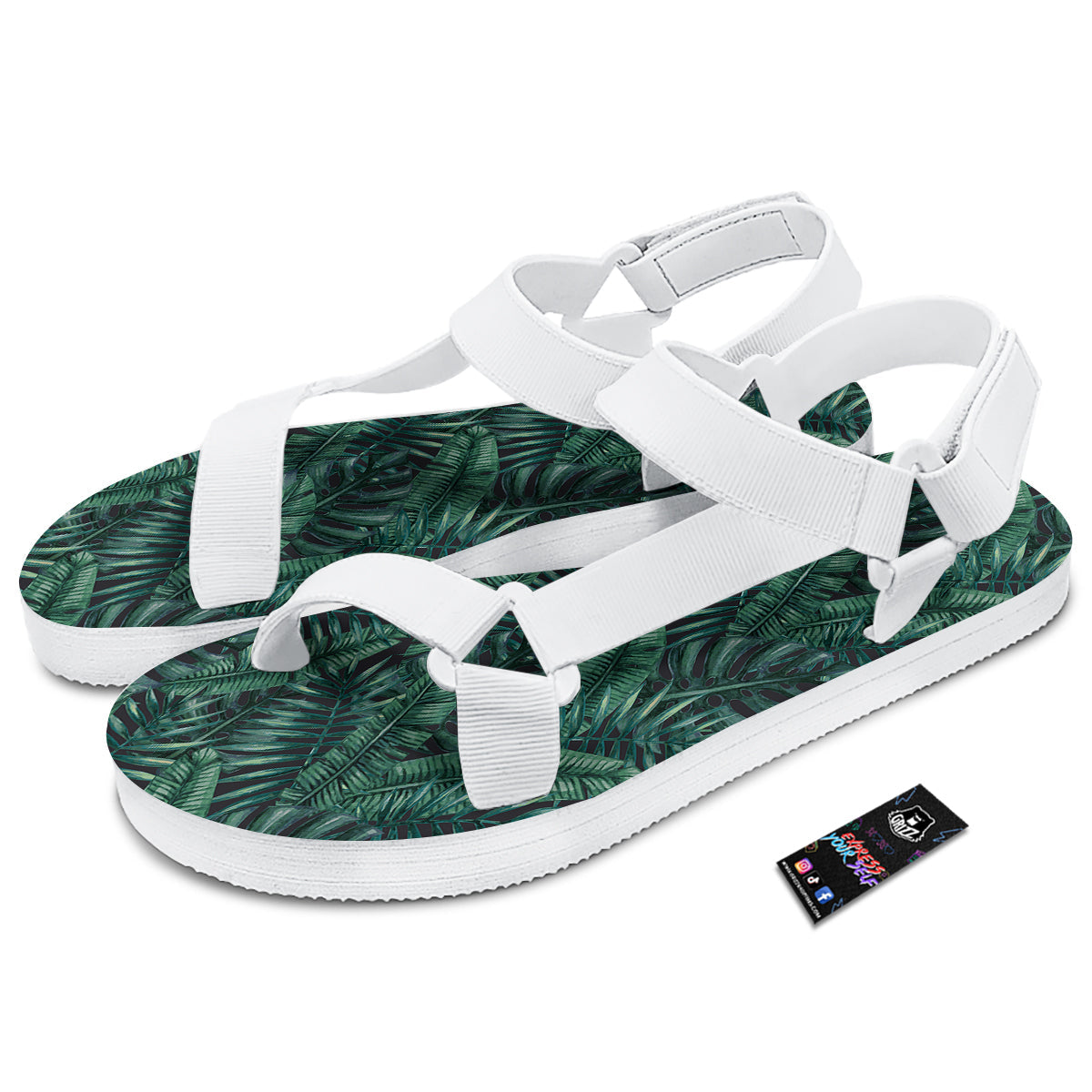 Green Leaf Tropical Print Pattern White Open Toe Sandals-grizzshop