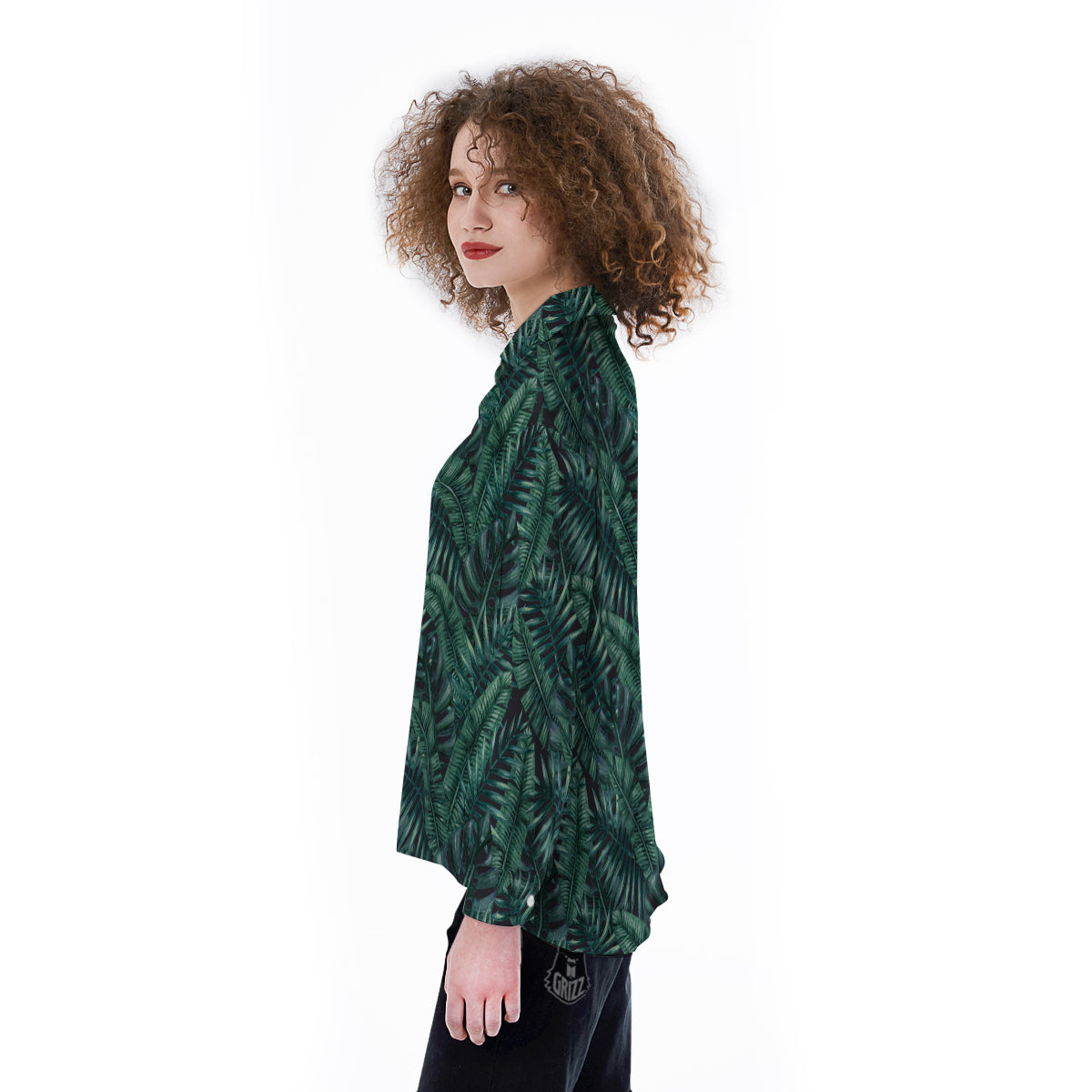 Green Leaf Tropical Print Pattern Women's Long Sleeve Shirts-grizzshop