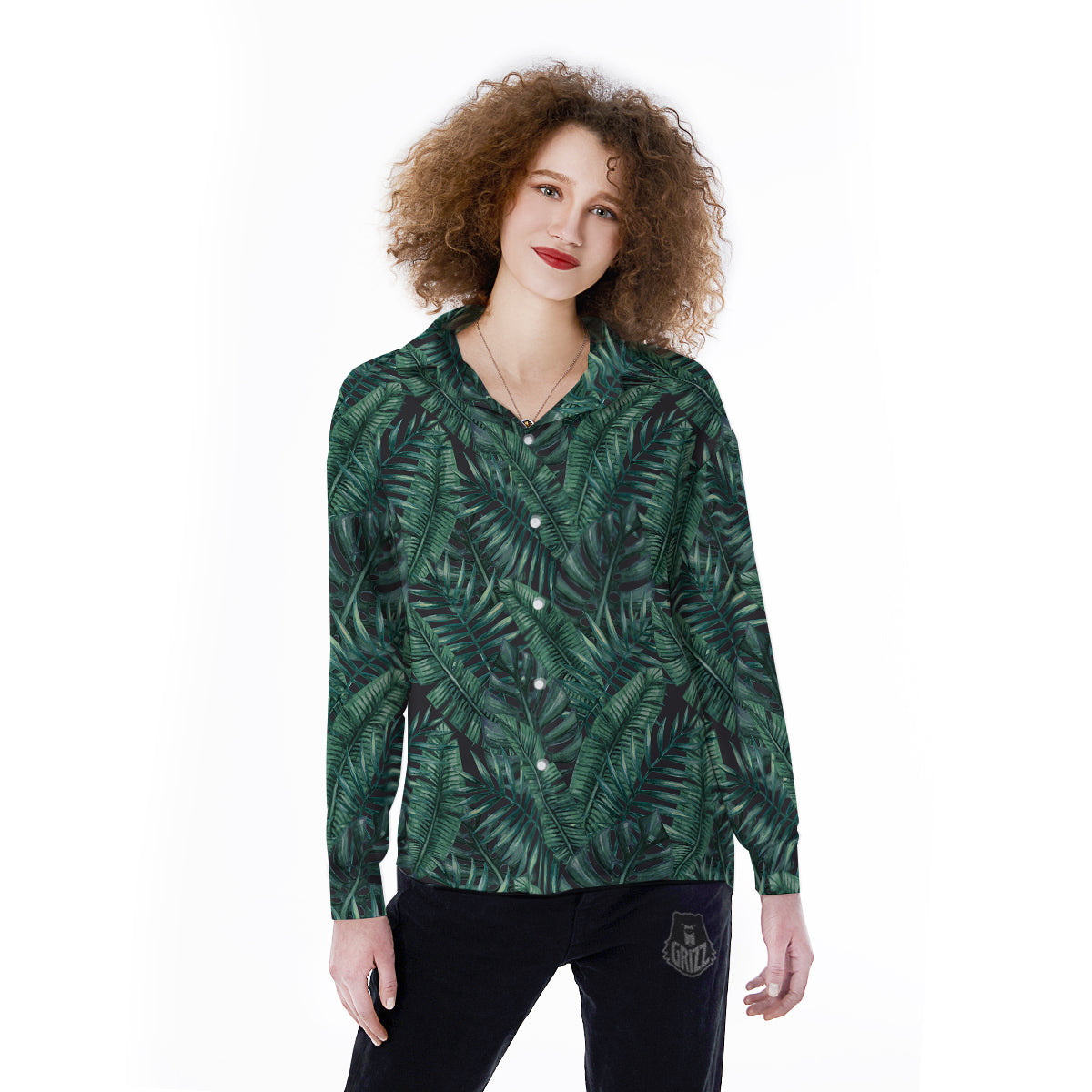 Green Leaf Tropical Print Pattern Women's Long Sleeve Shirts-grizzshop