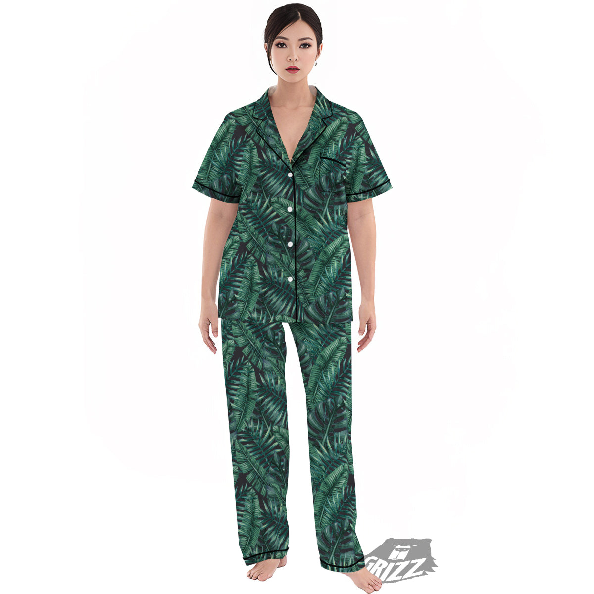 Green Leaf Tropical Print Pattern Women's Pajamas Set-grizzshop