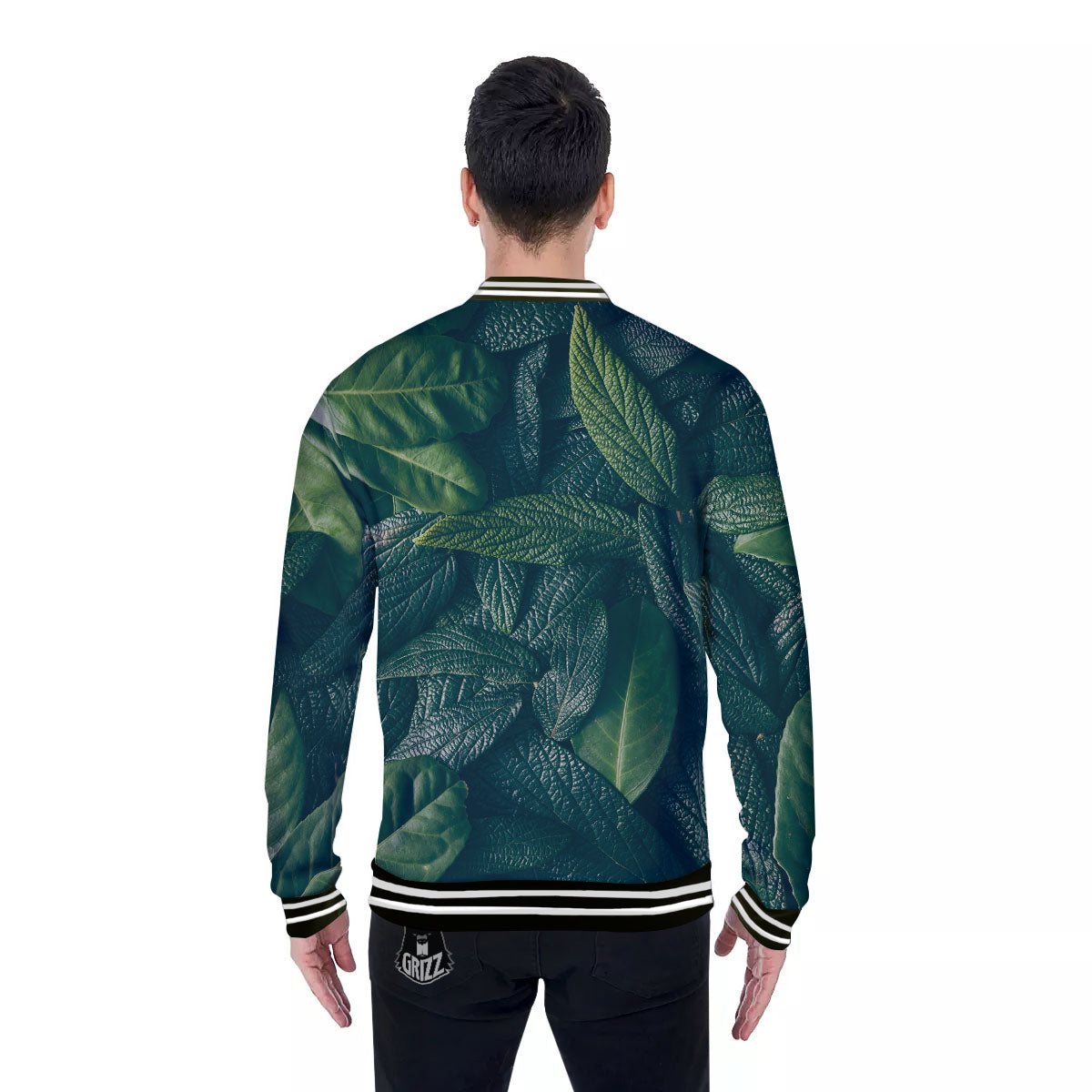 Green Leaves Print Baseball Jacket-grizzshop