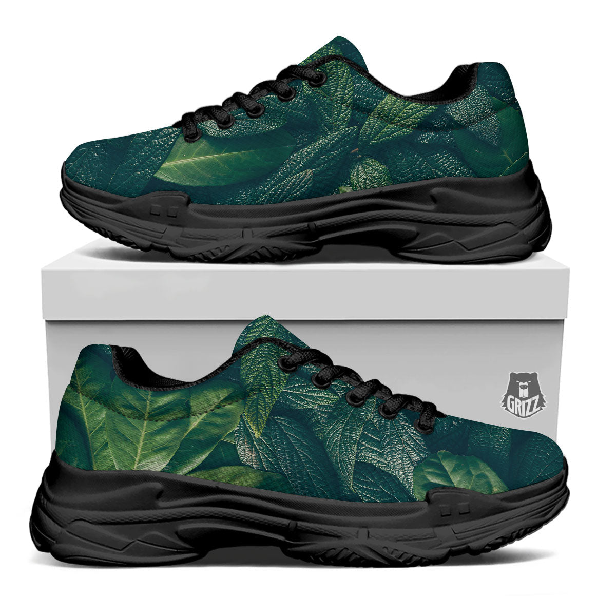 Green Leaves Print Black Chunky Shoes-grizzshop
