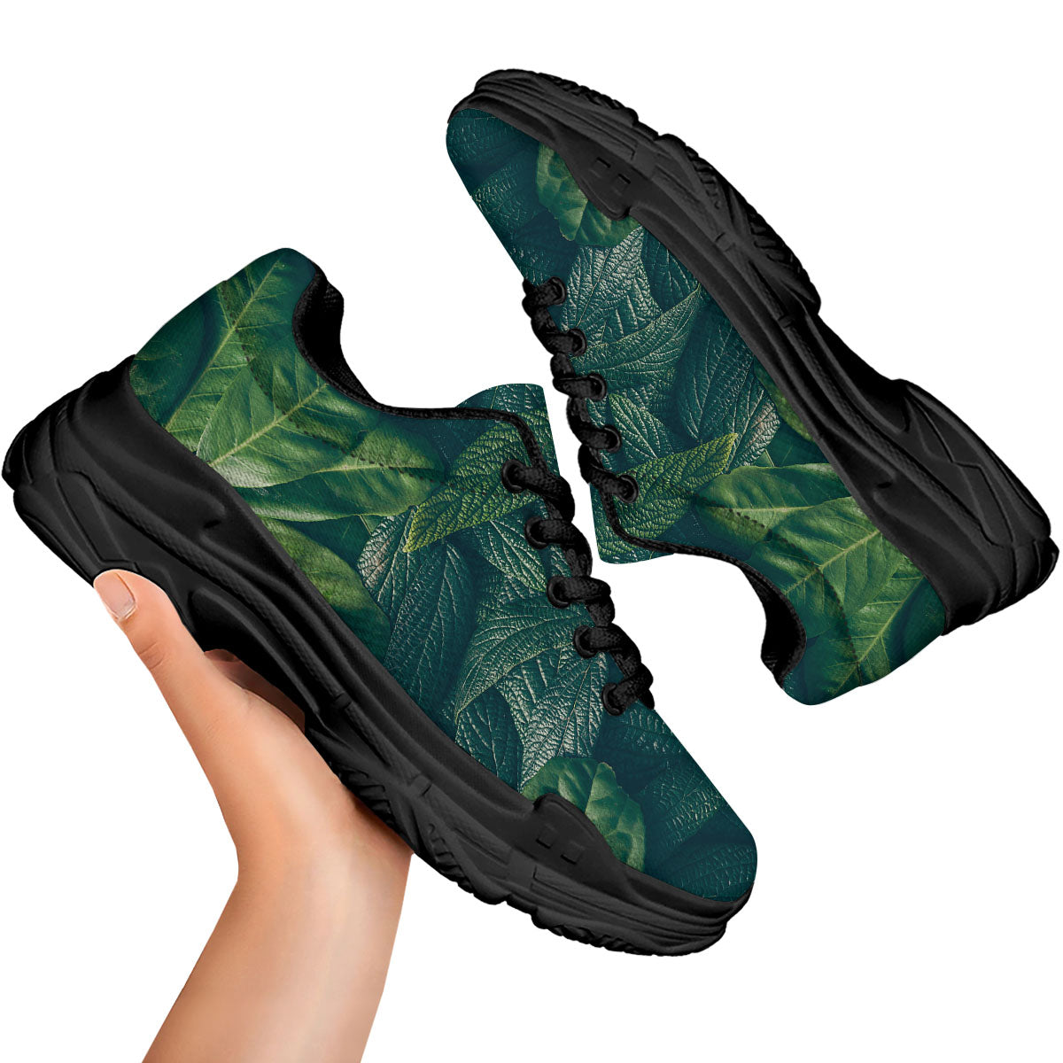 Green Leaves Print Black Chunky Shoes-grizzshop