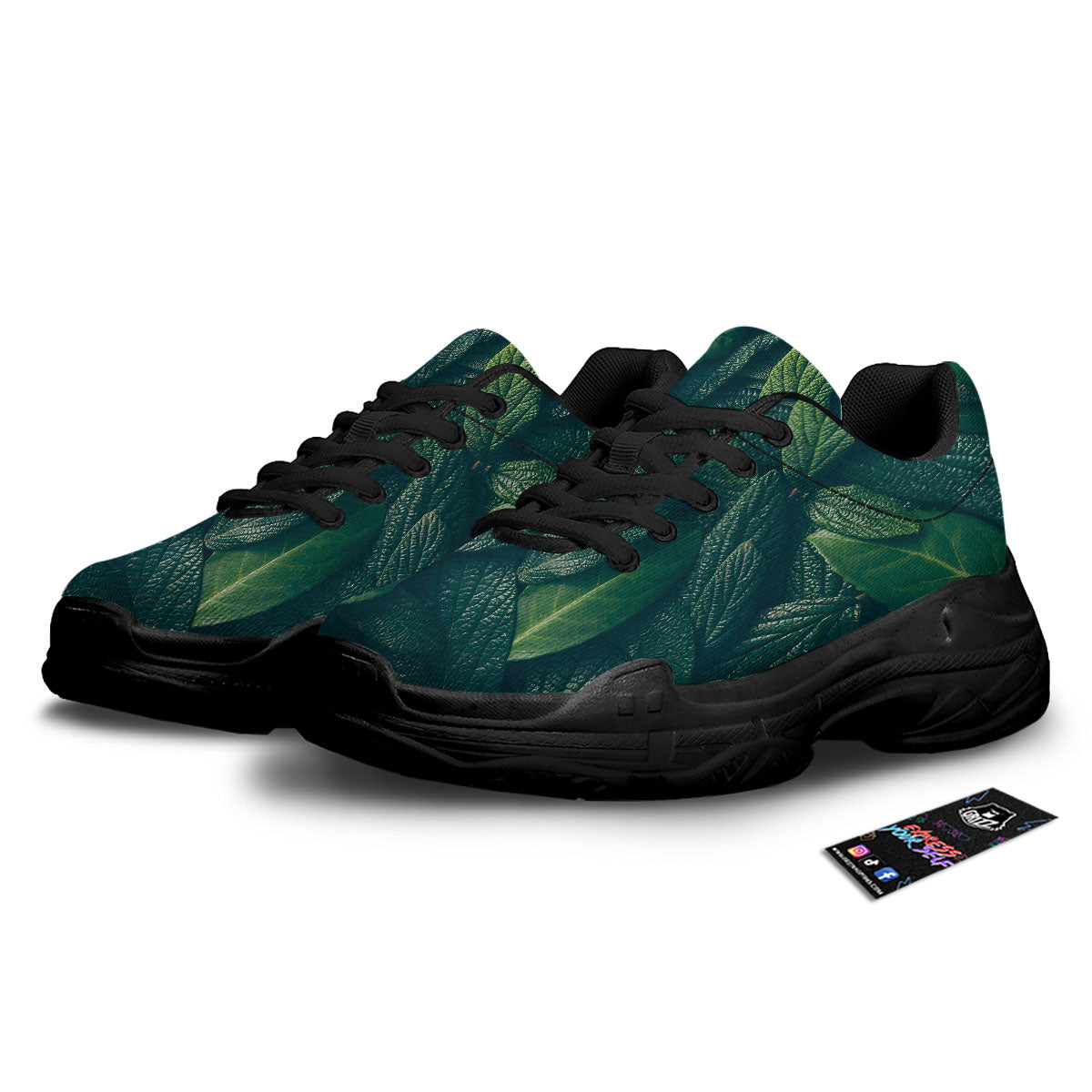 Green Leaves Print Black Chunky Shoes-grizzshop