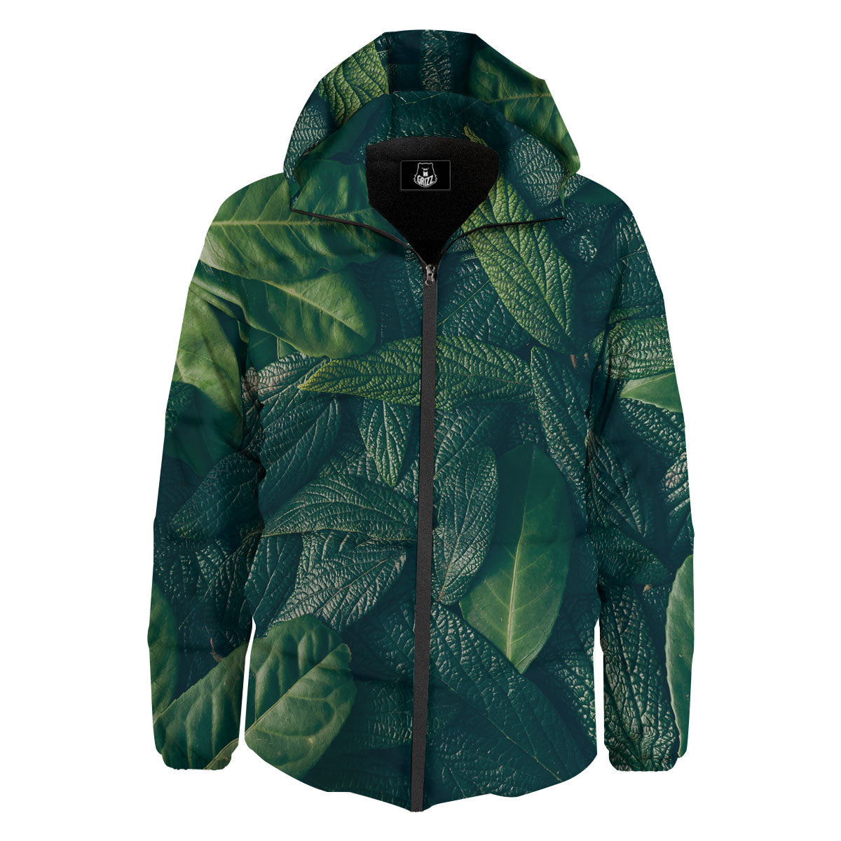 Green Leaves Print Down Jacket-grizzshop