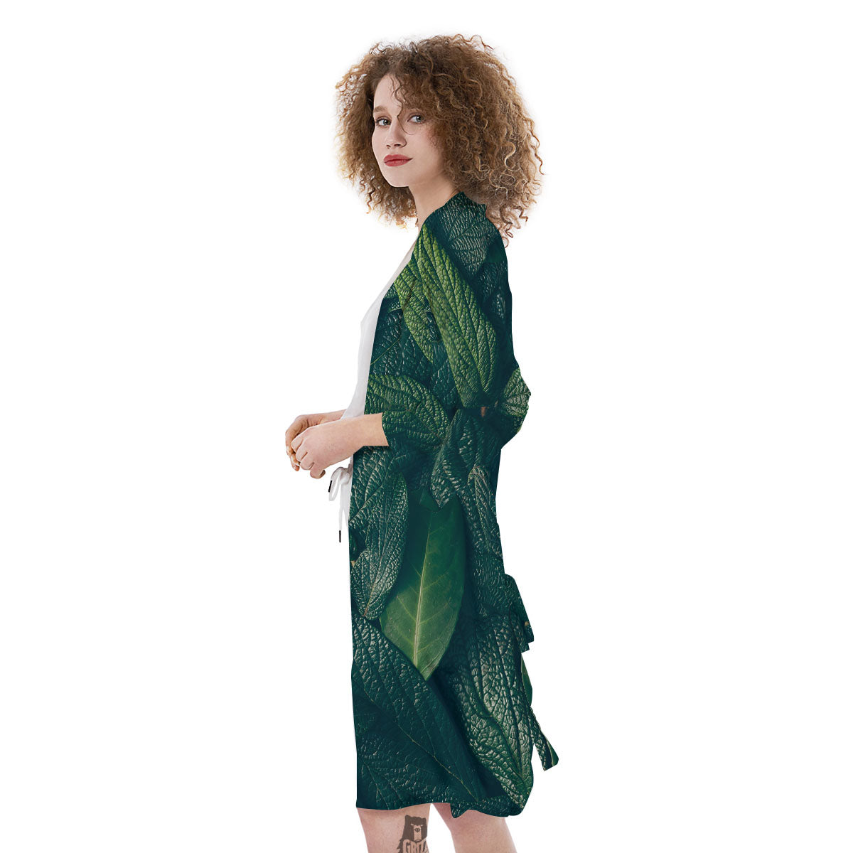 Green Leaves Print Kimono-grizzshop